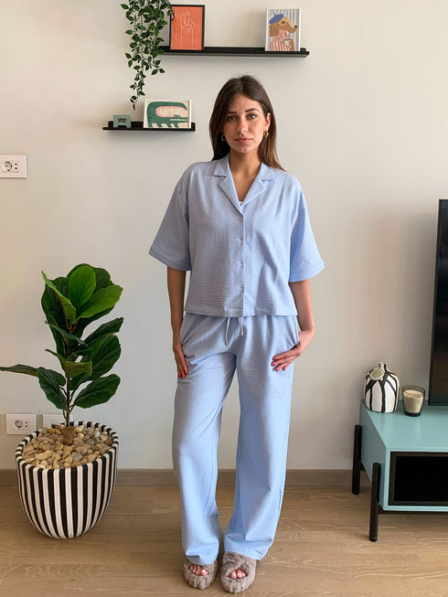 Women summer pajama set Light Blue buttoned Shirt+ Pants
